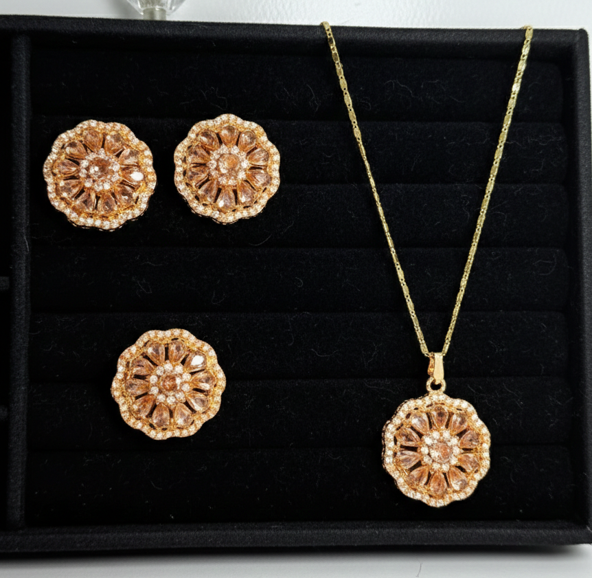 Stunning Gold & Peach Crystal Jewellery Set (Necklace + 2 Earrings + Ring)
