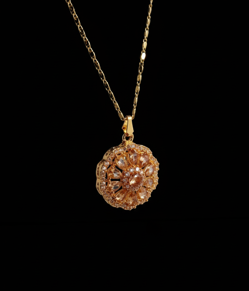 Stunning Gold & Peach Crystal Jewellery Set (Necklace + 2 Earrings + Ring)