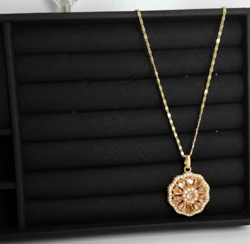 Stunning Gold & Peach Crystal Jewellery Set (Necklace + 2 Earrings + Ring)