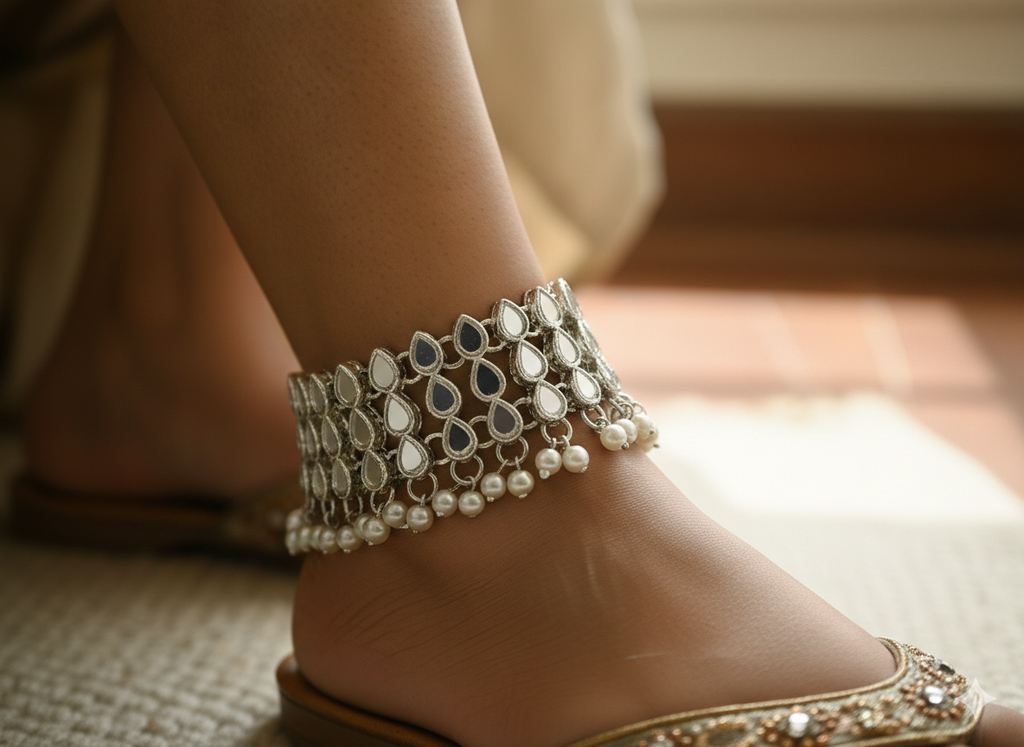 Silver Mirror Anklet with Pearl Accents