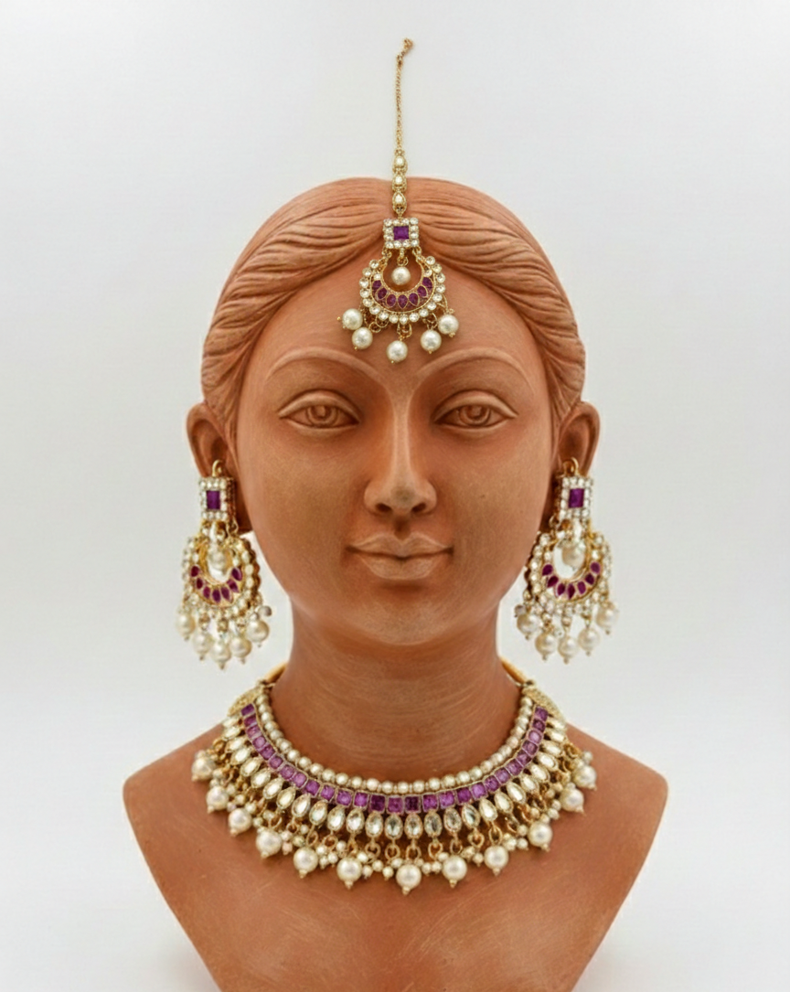 Stunning gold-toned choker necklace set with purple & pearl accents