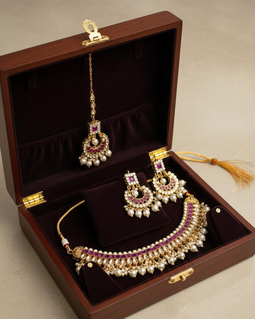 Stunning gold-toned choker necklace set with purple & pearl accents