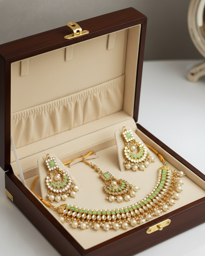 Stunning gold-toned necklace set with mint green stones & pearl