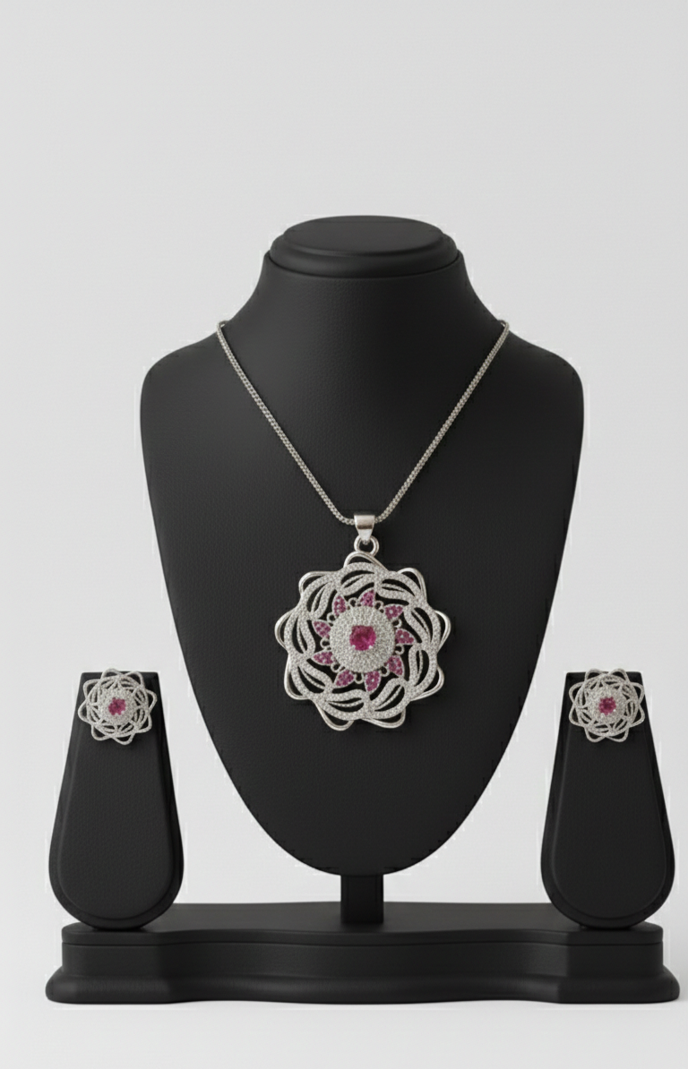 Silver Flower‑Shaped Jewellery Set – Pink & Diamond Accent