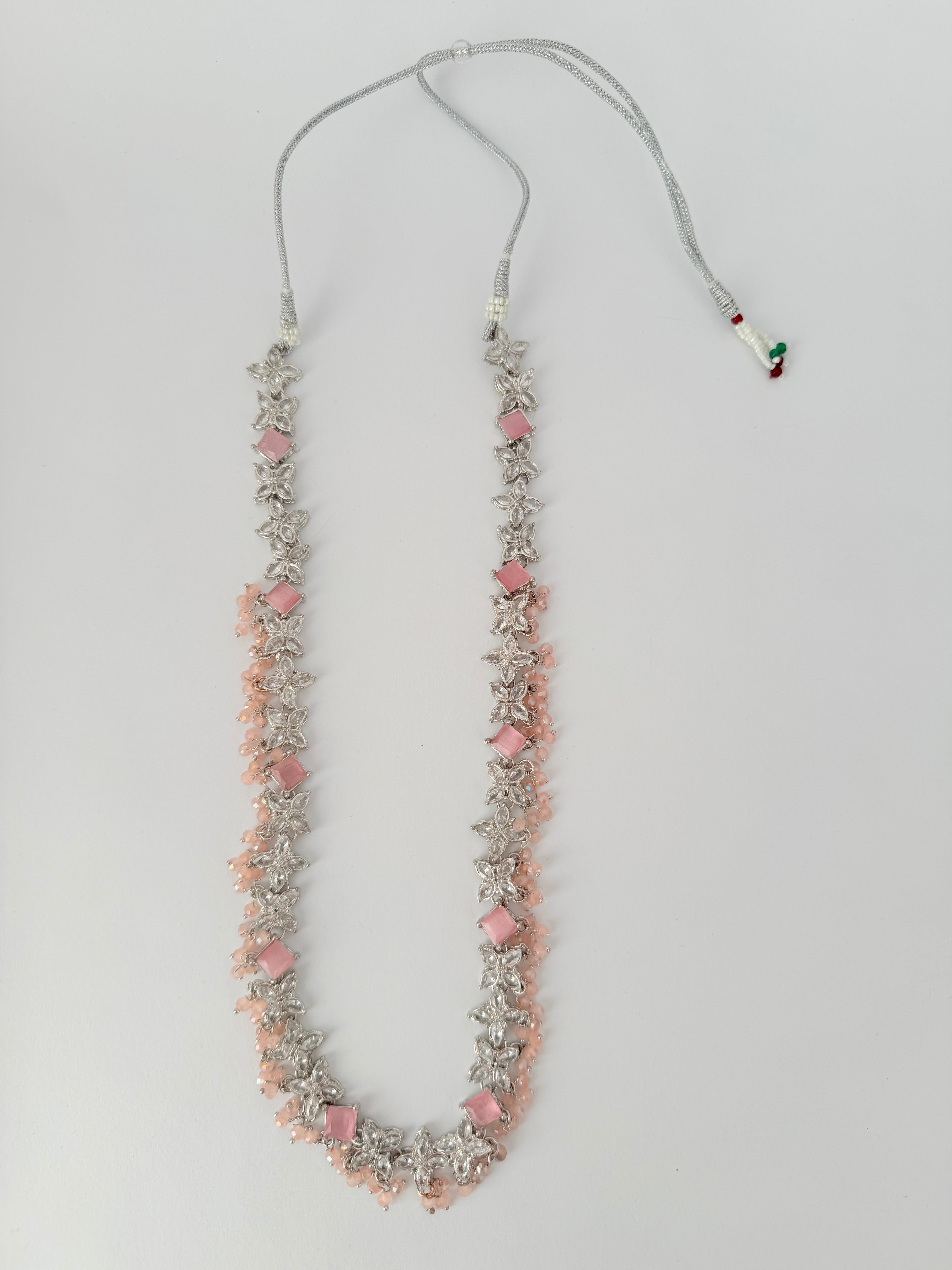 Frosted Floral Jhumka Set| Sangeet Sparkle Mala | Long Mala-Style Necklace, Maang Tikka, Jhumka-Style Earrings