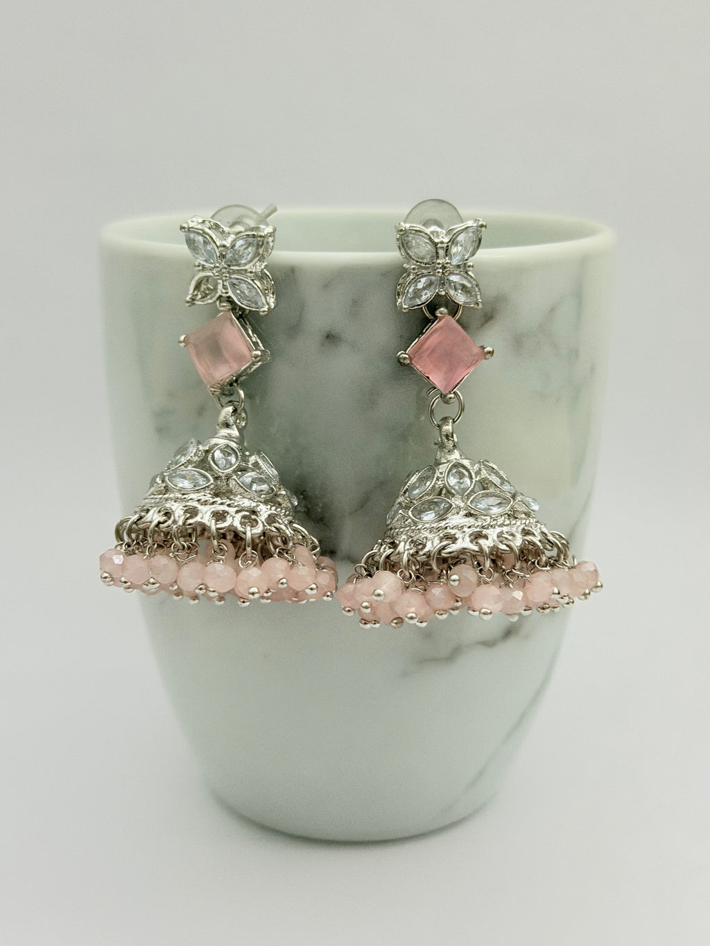Frosted Floral Jhumka Set| Sangeet Sparkle Mala | Long Mala-Style Necklace, Maang Tikka, Jhumka-Style Earrings