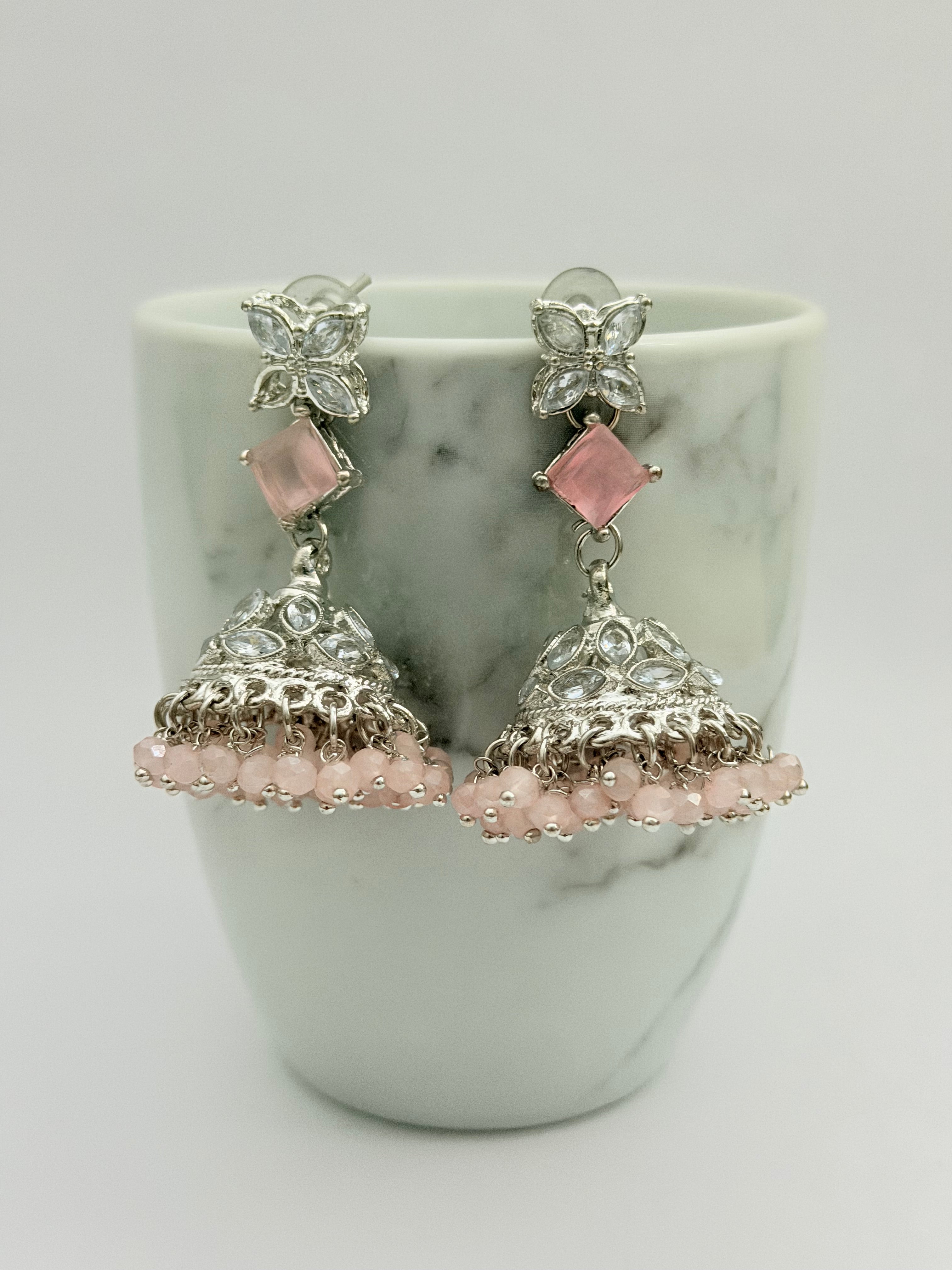 Frosted Floral Jhumka Set| Sangeet Sparkle Mala | Long Mala-Style Necklace, Maang Tikka, Jhumka-Style Earrings