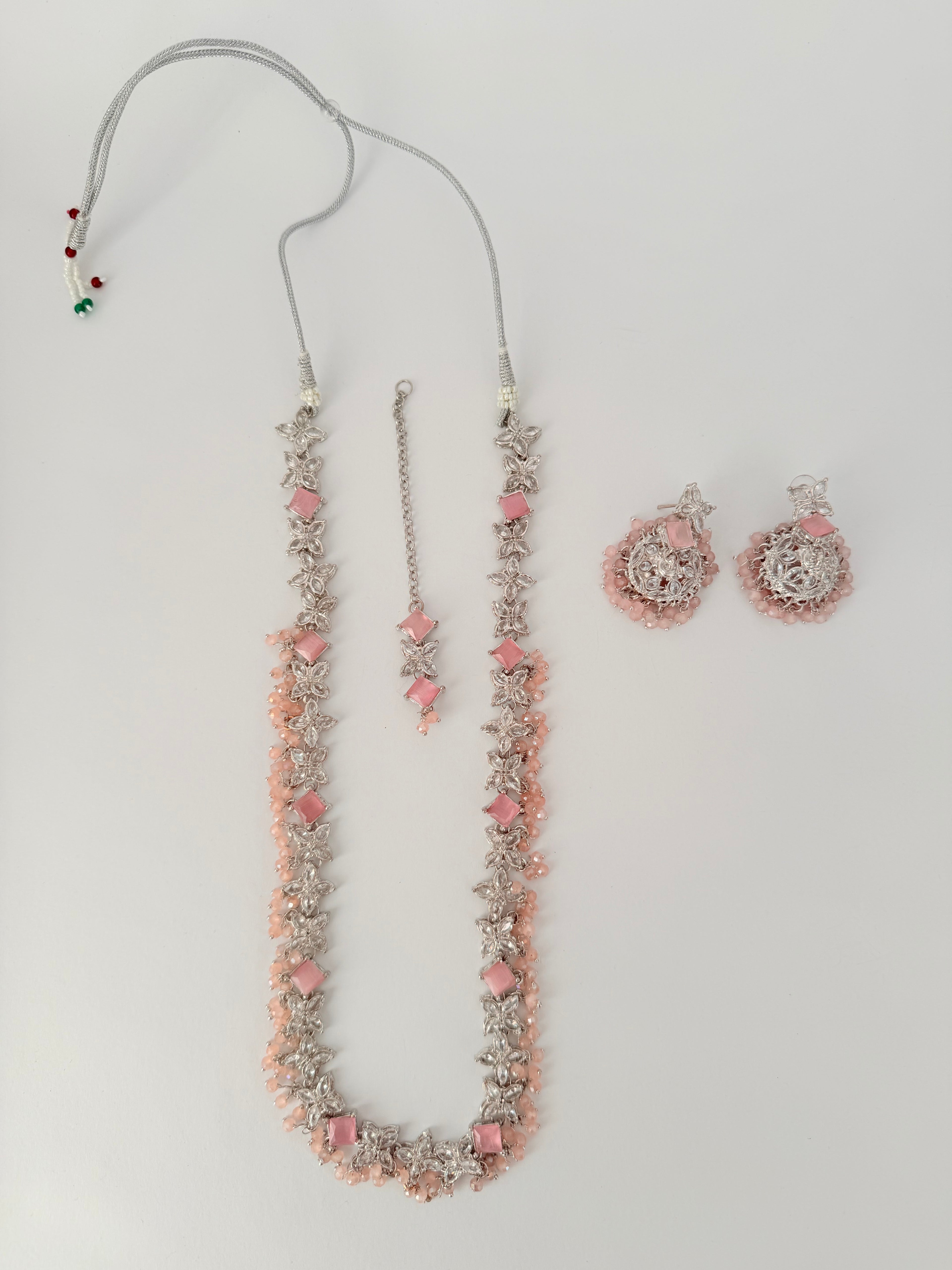 Frosted Floral Jhumka Set| Sangeet Sparkle Mala | Long Mala-Style Necklace, Maang Tikka, Jhumka-Style Earrings