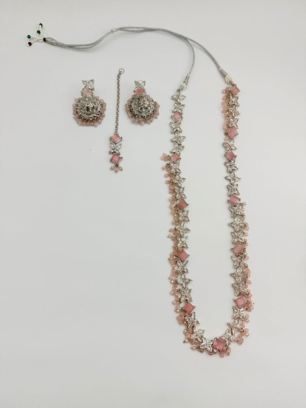 Frosted Floral Jhumka Set| Sangeet Sparkle Mala | Long Mala-Style Necklace, Maang Tikka, Jhumka-Style Earrings