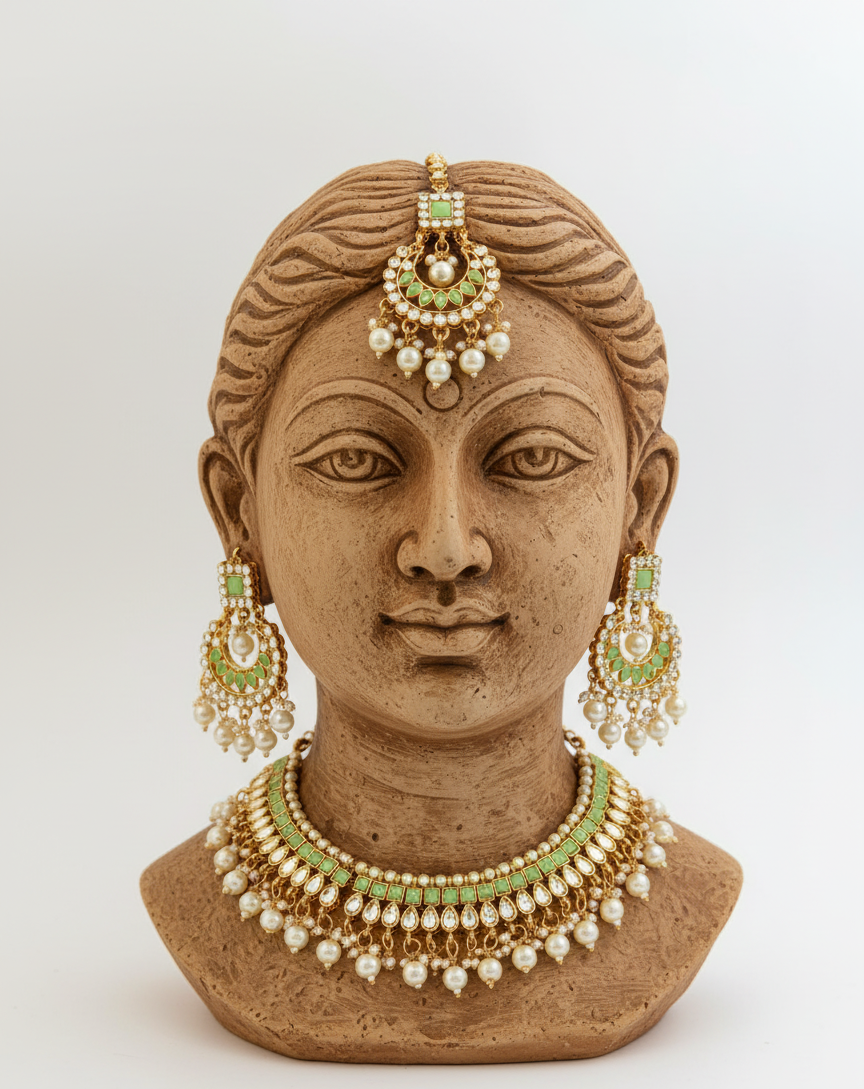 Stunning gold-toned necklace set with mint green stones & pearl