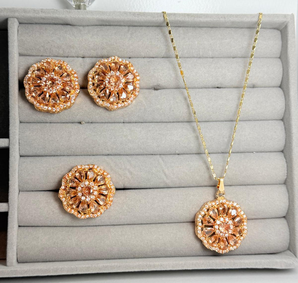 Stunning Gold & Peach Crystal Jewellery Set (Necklace + 2 Earrings + Ring)