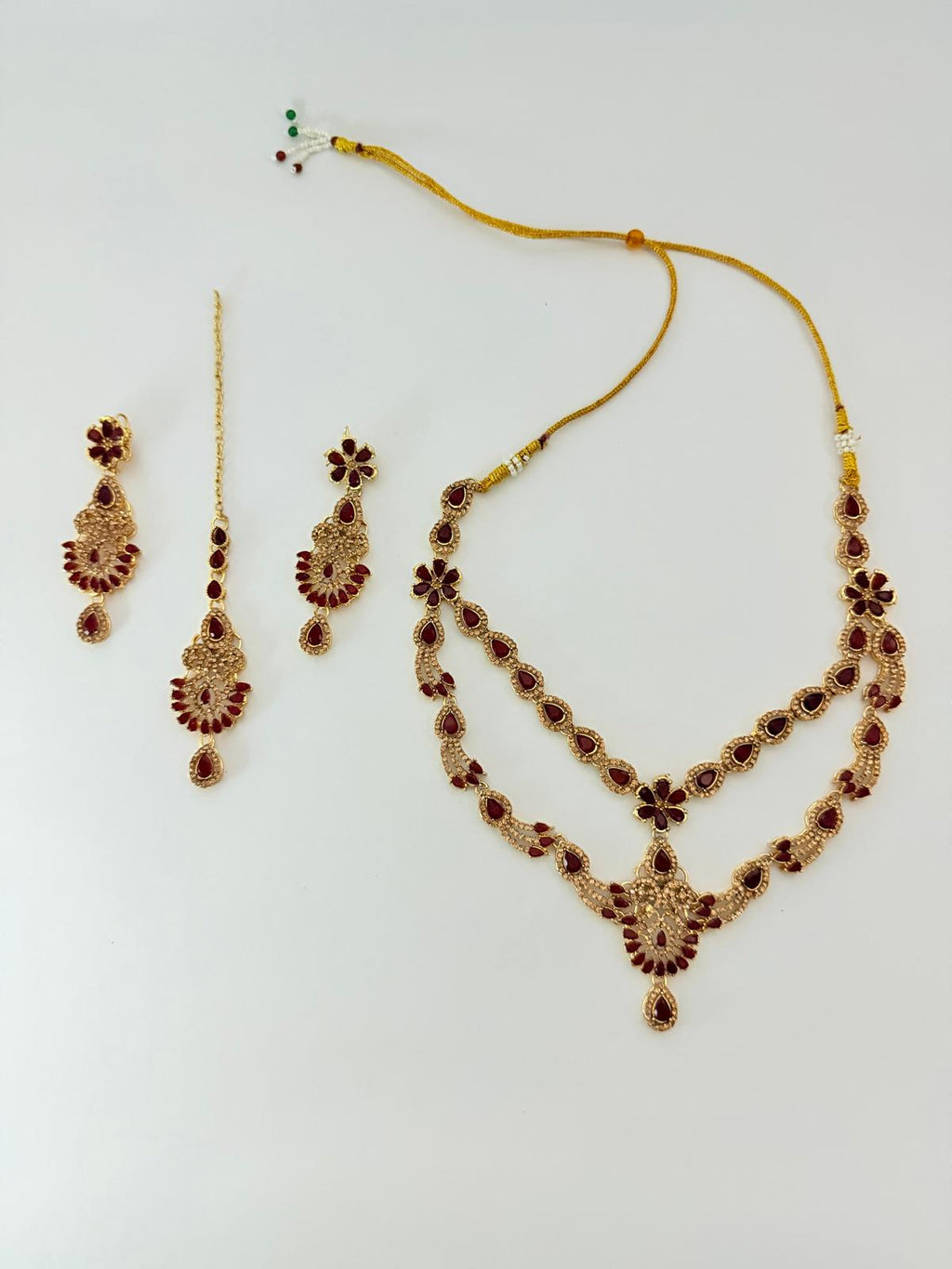 Ruby Red & Gold Kundan Bridal Jewelry Set | Necklace, Earrings & Tikka