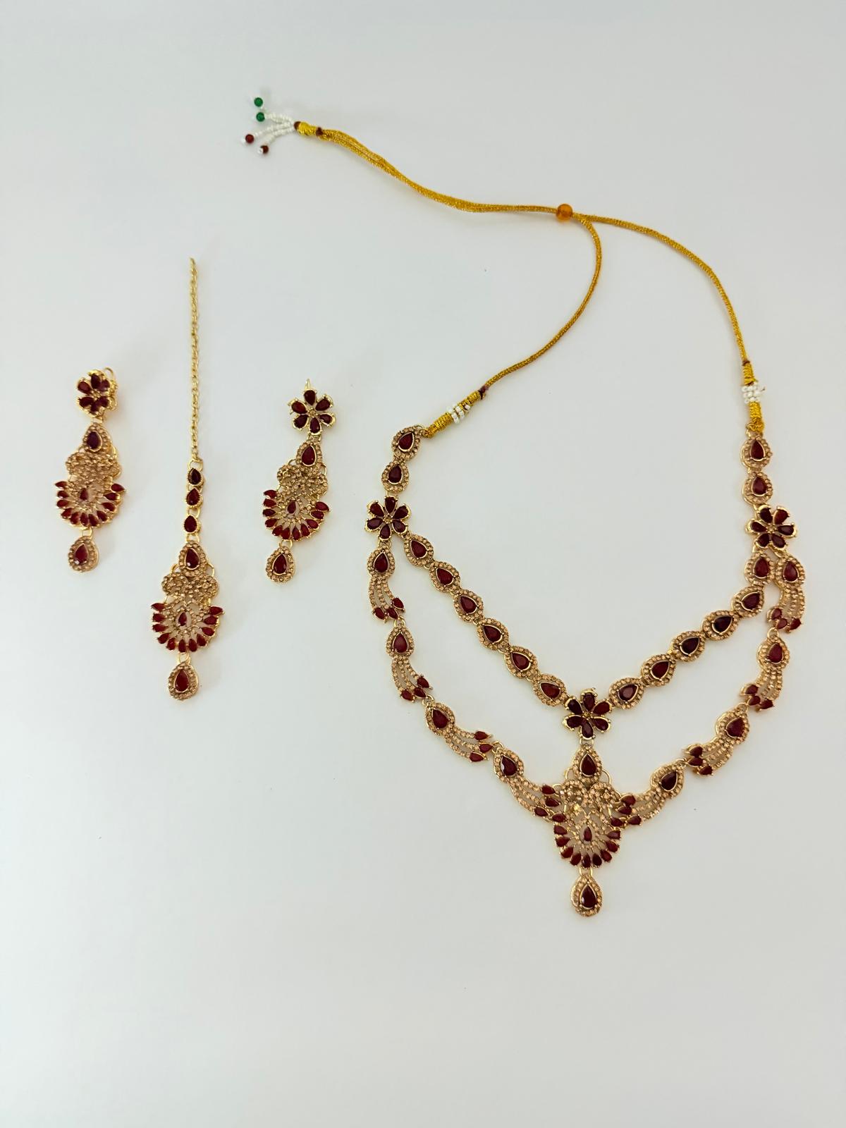 Ruby Red & Gold Kundan Bridal Jewelry Set | Necklace, Earrings & Tikka