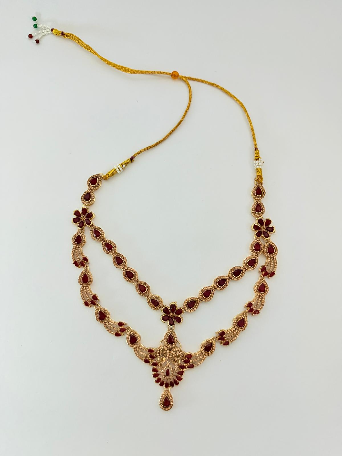 Ruby Red & Gold Kundan Bridal Jewelry Set | Necklace, Earrings & Tikka