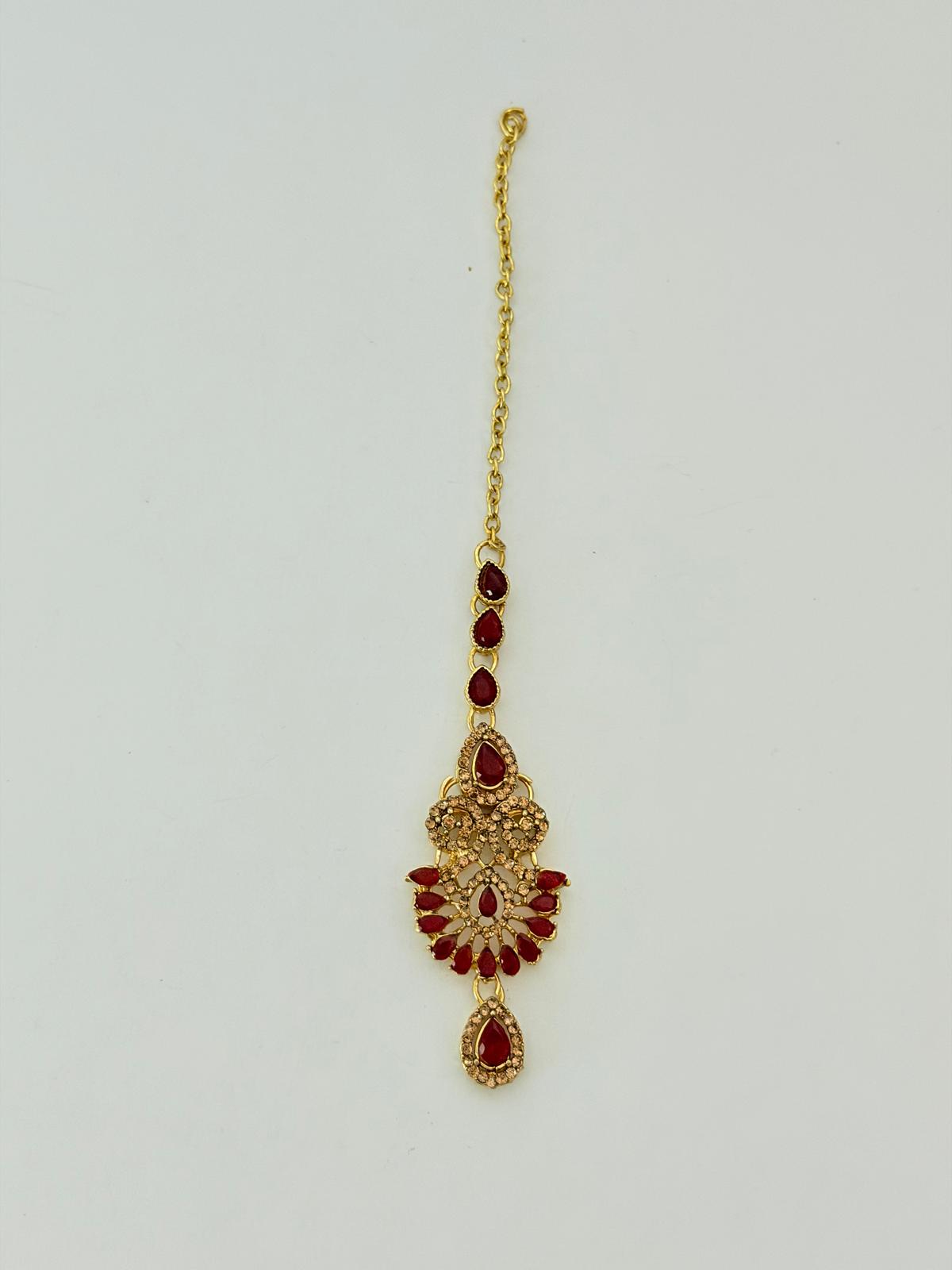 Ruby Red & Gold Kundan Bridal Jewelry Set | Necklace, Earrings & Tikka
