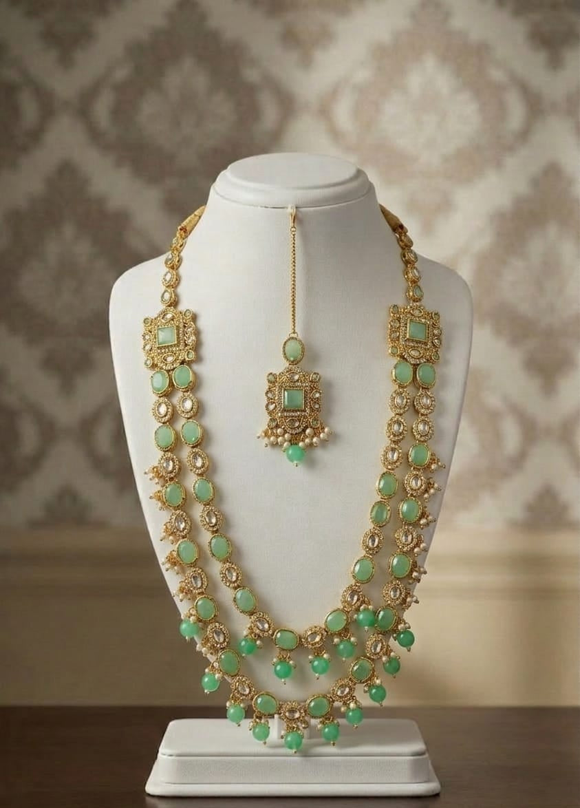 ✨ Stunning gold-toned necklace & earring set with vibrant mint-green stones & pearls ✨