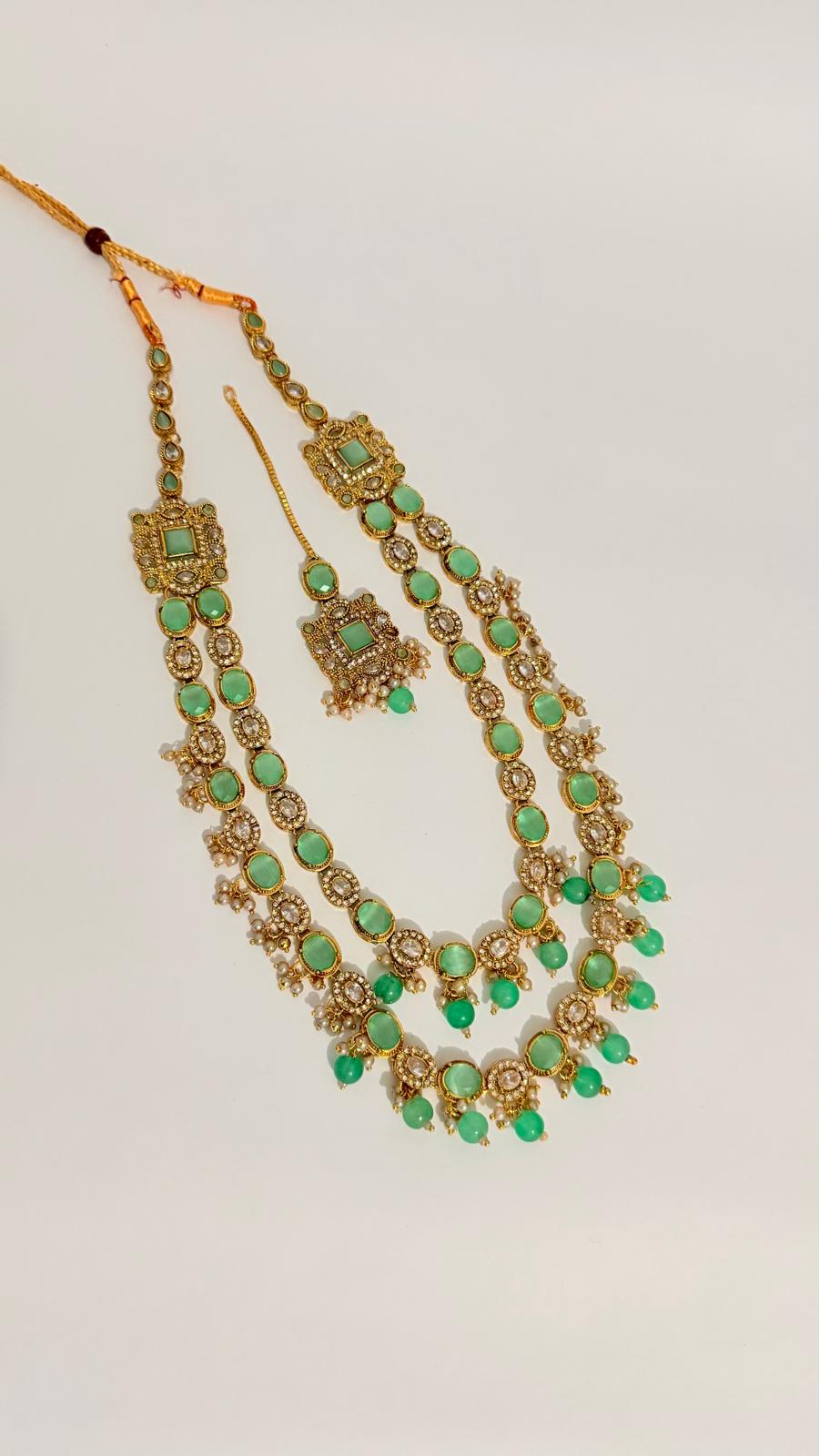 ✨ Stunning gold-toned necklace & earring set with vibrant mint-green stones & pearls ✨